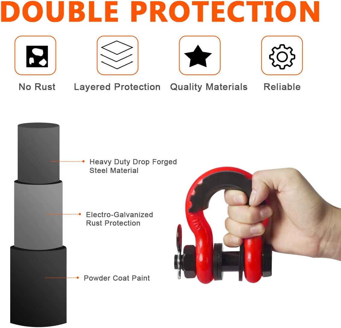 Shackles 3/4 Inch D Ring Shackle (2 Pack) 45,000lb Break Strength with 7/8 Inch Pin, Isolator and Washer Kits for Use with Tow Strap, Winch, Off-Road Jeep Truck Vehicle Recovery, Red - Image 4