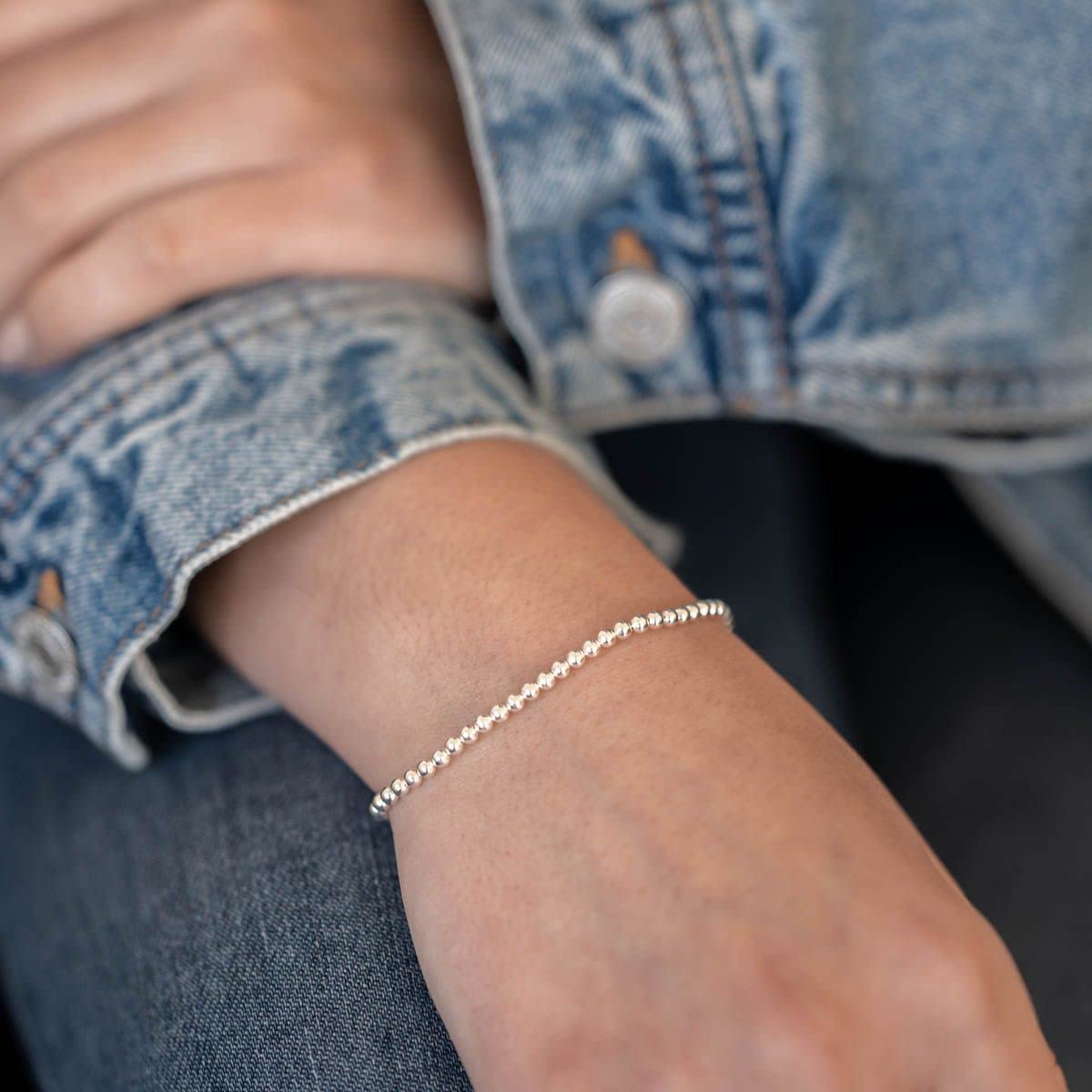 Stretcharmband Damen Silber 925 - Kugeln Armband elastisch 3mm breit SA-147 | Silberarmband mit Perlen aus hautfreundlichem 925 Sterling Silber Made in Germany in 2 Größen von MATERIA by Matthias Wagner
