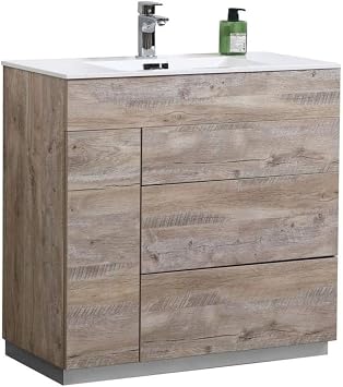 Milano 36-Inch Modern Floor Mounted Bathroom Vanity with Sink Solid Nature Wood Freestanding Cabinet with Storage Soft Close Drawers Contemporary Bathroom Furniture