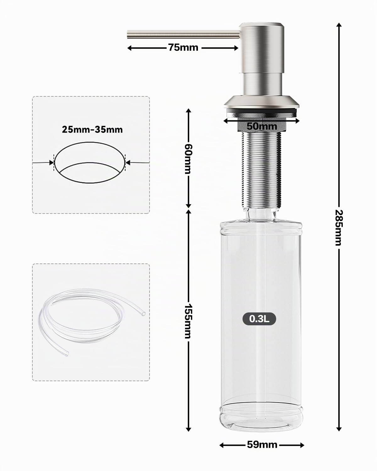 Dispensador Jabon Cocina Bajo Encimera, Dosificador para Fregadero | Dispensador de Detergente con Botella de 300ml y Manguera de 1,2 M, Dispensador Líquido Cobre, Tuerca Metal, Cepillado Plata