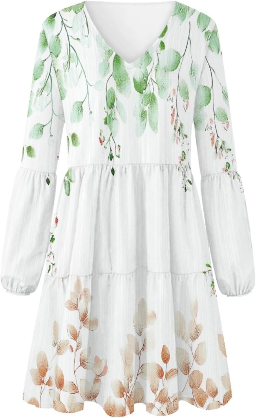 Women 2025 Floral Print Puff Long Sleeve V Neck Smocked Midi Casual Dress Empire Waist Tiered Swing Flowy Dress - Image 3