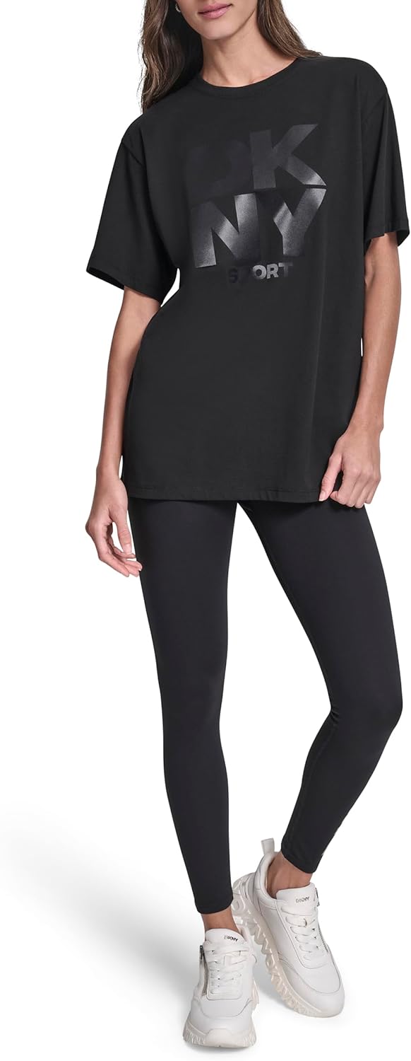 DKNY Womens Short Sleeve Stacked Satin Logo T-Shirt - Image 2