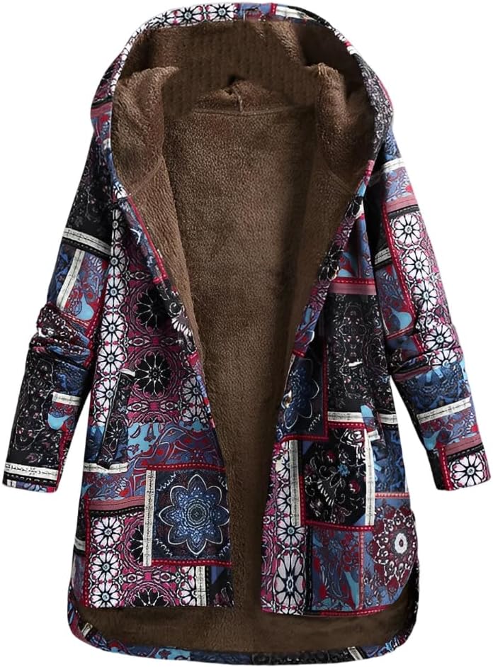 Akivide Women's Winter Ethnic Style Patchwork Sherpa Fleece Lined Hooded Jacket Plus Size Fluffy Warm Outwear with Pockets