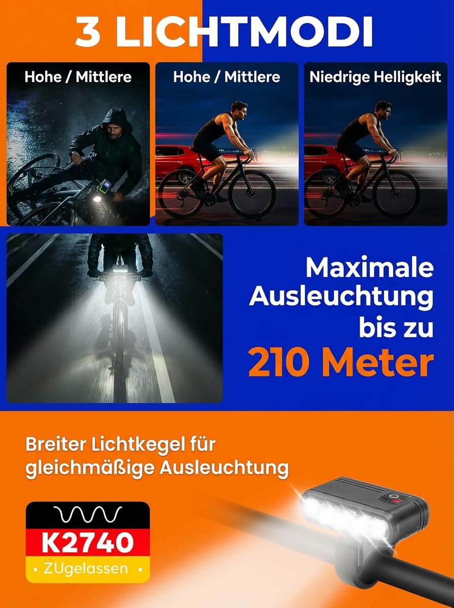 Fahrradlicht Set mit StVZO Zulassung, 3 LED Frontlicht Blendfrei & Rücklicht mit Bremslichtfunktion, USB-C Aufladbar, IP65 Wasserdicht, Halterung Kompatibel mit GoPro & Fahrradcomputer für MTB E-Bike