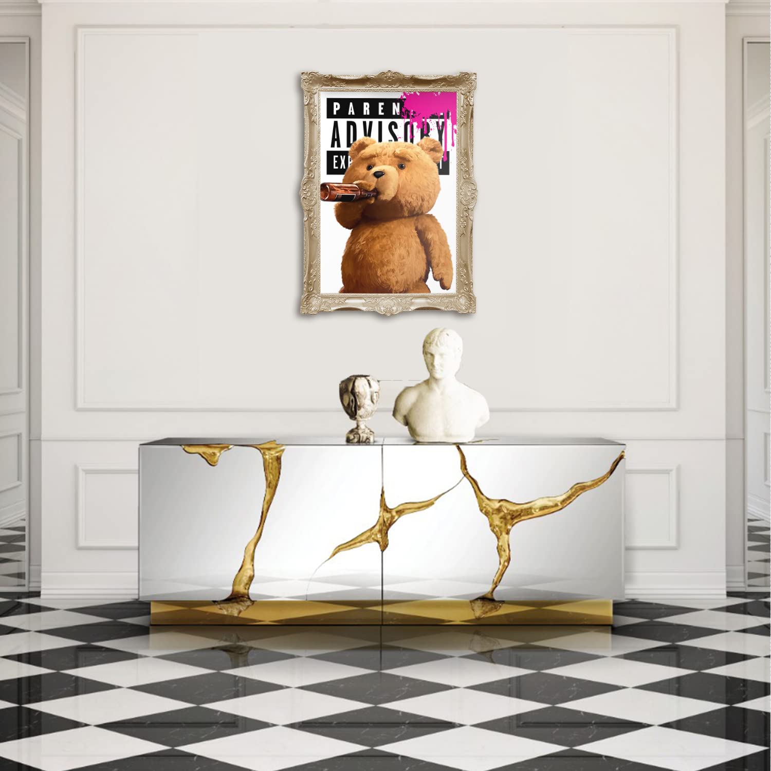 Graff Inkorp Drunk Ted Canvas wall Art with Antique Frame (Small : 19.75" X 14.75", Black with Gold Drip)