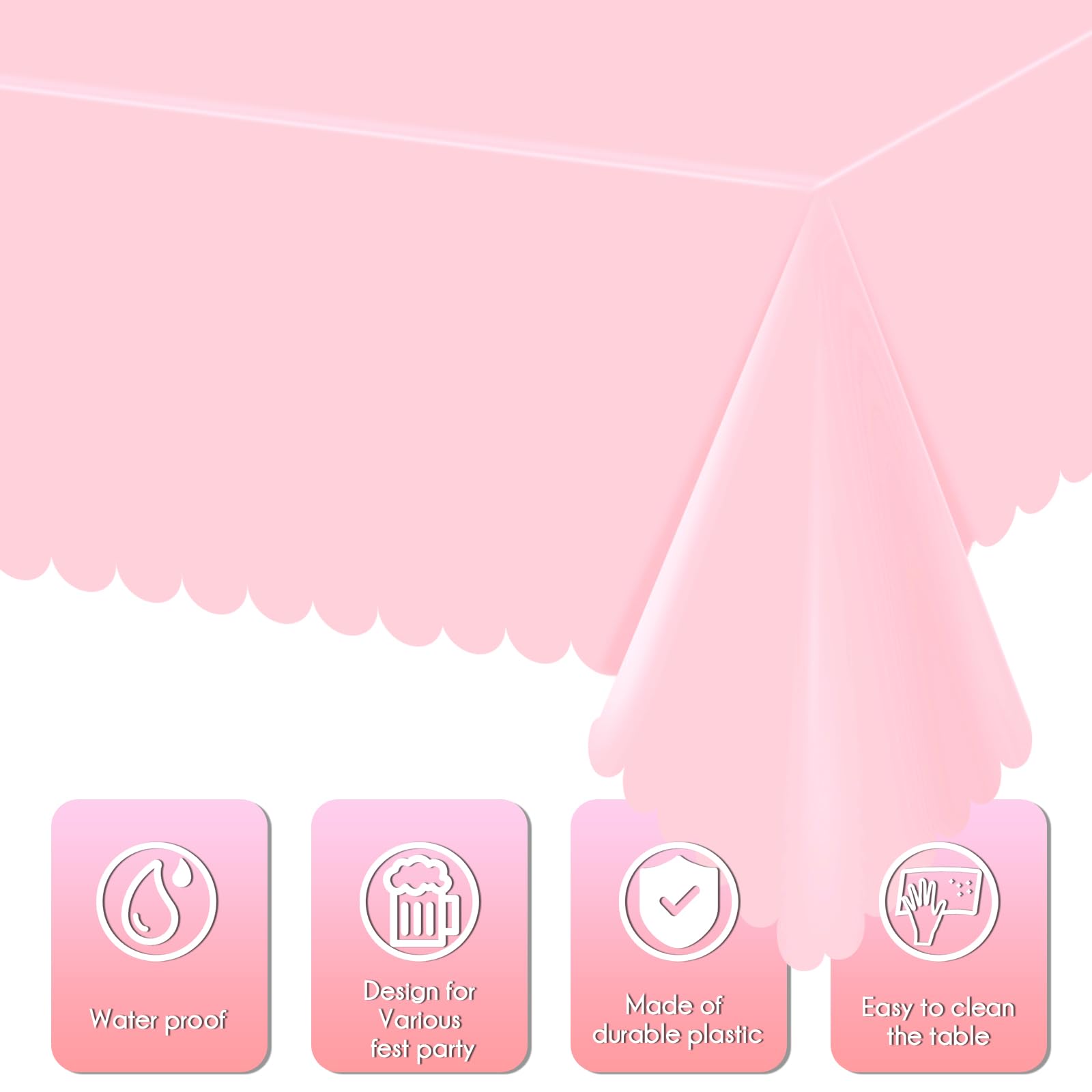 Paquete de 6 manteles de plástico rosa para mesas rectangulares, manteles desechables con borde festoneado, impermeables, para cumpleaños, novia, boda, baby shower, 54 x 108 pulgadas (rosa claro