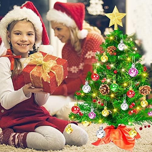 20" Tabletop Mini Christmas Tree, Artificial Small Xmas Tree Decor with 50 LED String Lights,Star Tree Topper, Holly Berries, Ornaments and Wooden Base for Holiday Season Decorations Christmas DIY