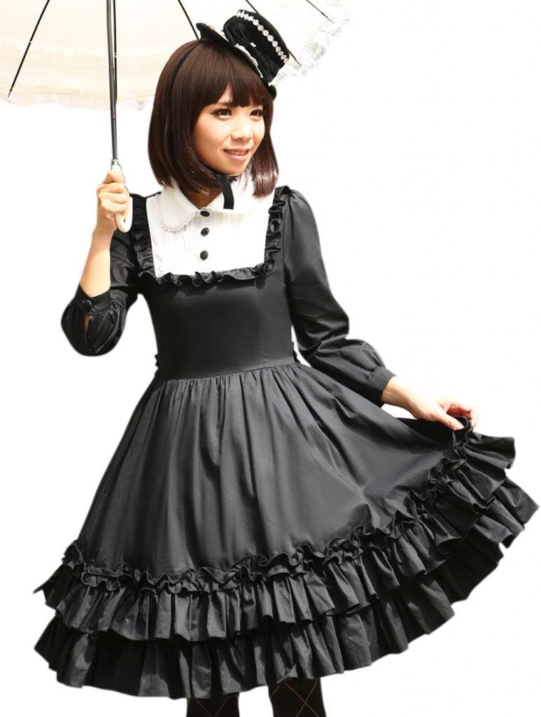 Hugme Black Gothic Peter Pan Collar Long Sleeves Ruffled Lolita Dress One Piece