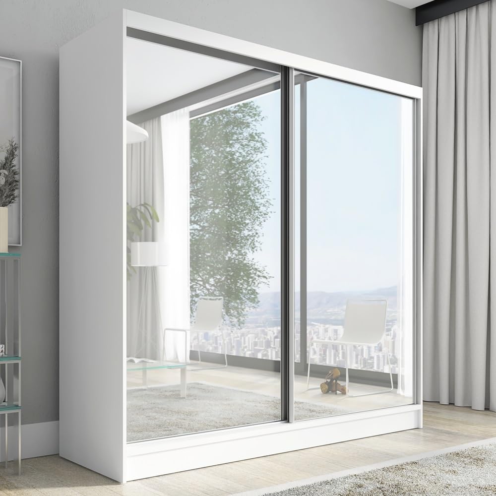 A&J MöbelLand Schwebetürenschrank Ivar Kleiderschrank 200 cm mit Spiegel und Schubladen, moderner Schlafzimmerschrank mit Schiebetüren (Weiß)