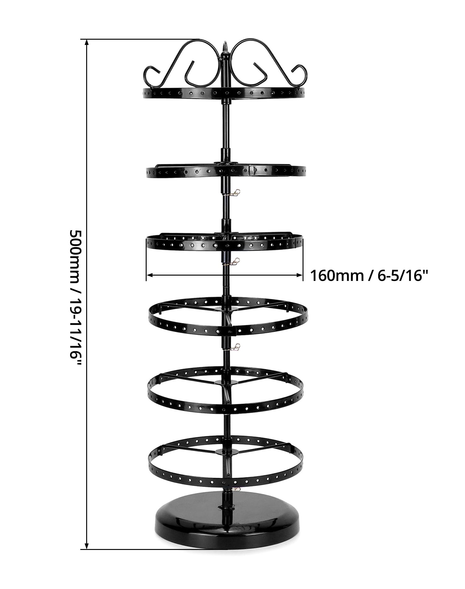 QWORK® 6-poziomowy metalowy obrotowy stojak na kolczyki, regulowana odległość między warstwami, pojemność 260 otworów na 130 par