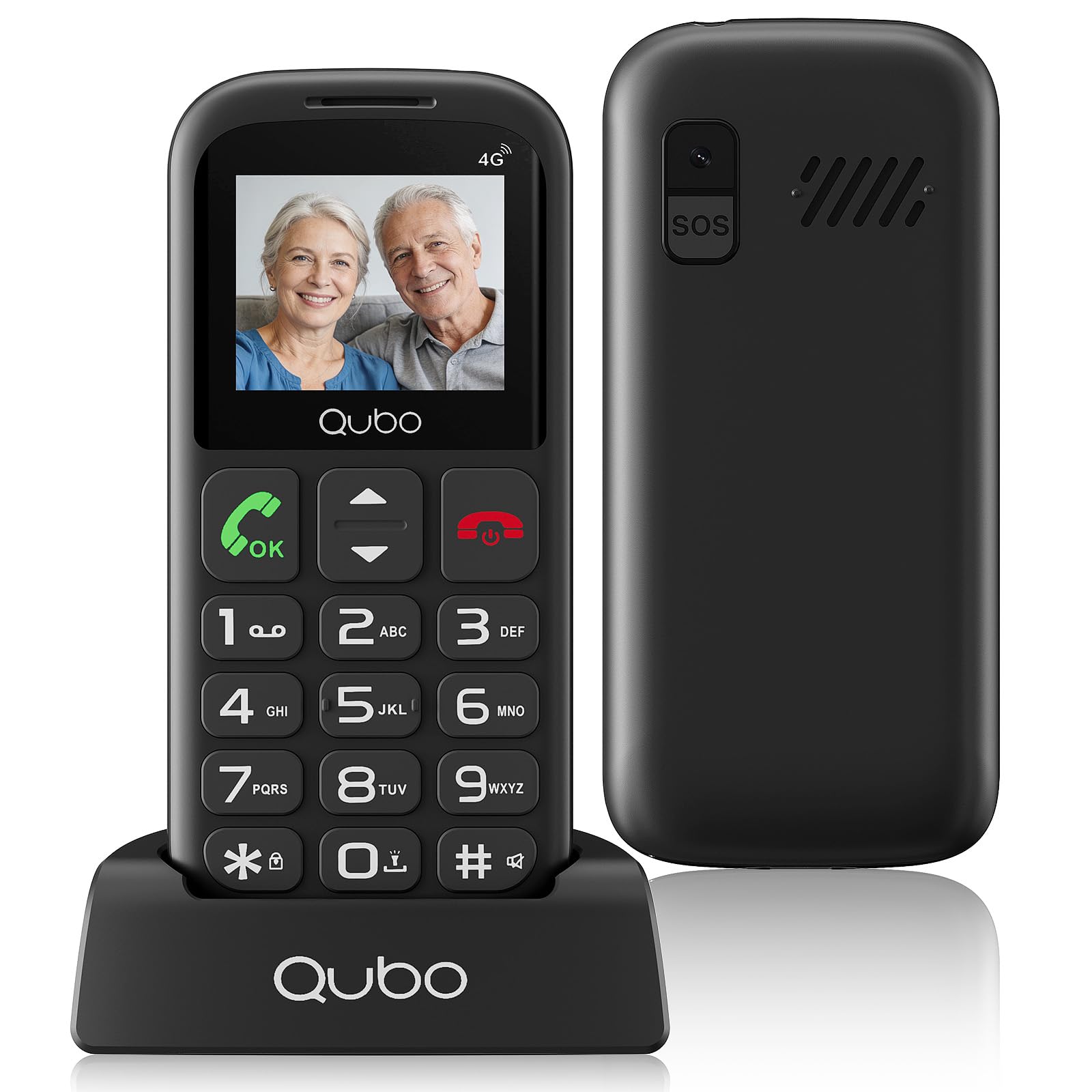 Qubo 4G Seniorenhandy ohne Vertrag |mit SOS-Notruftaste | Rentner Handy Große Tasten | Taschenlampe | Dual-SIM| USB-C | Tastenhandy mit Ladestation | 1,77 Zoll Farbdisplay