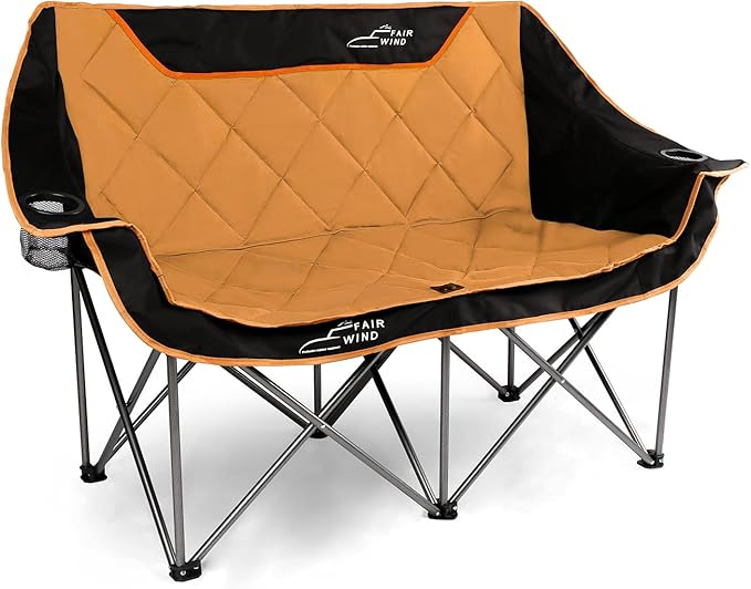 Oversized Fully Padded Camping Chair Folding Loveseat Camping Couch Double Duo Chair Heavy Duty Quad Fold Chair Arm Chair with Cup Hold - Supports 650 LBS Orange