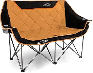 FAIR WIND Oversized Fully Padded Camping Chair Folding Loveseat Camping Couch Double Duo Chair Heavy Duty Quad Fold Arm Chair with Cup Hold - Supports 650 LBS Orange