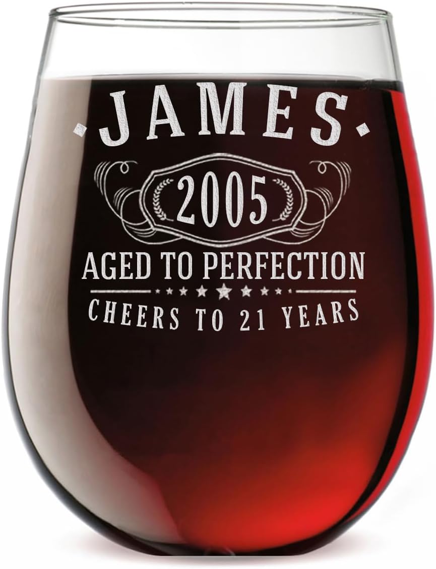 Personalized Vintage 21st Etched 17oz Stemless Wine Glass – Custom 2005 Happy 21st Birthday Gifts for Women, Cheers Turning 21 Year Old, 21 Bday Party Favor, Best Gift Idea Her Finally 21 Daughter 1.0