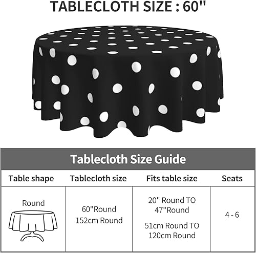 Miniatura 4 de Mantel redondo de patrón simple de lunares blanco y negro, 60 pulgadas, resistente a las arrugas, lavable, tamaño único