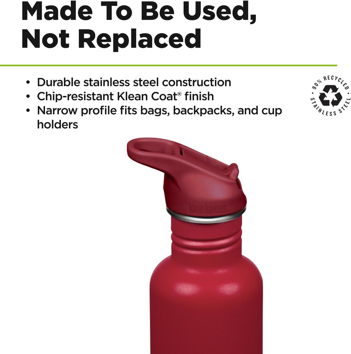 Klean Kanteen 27 oz Classic Water Bottle with Flip Seal Sport Cap & Straw - 100% Leakproof Spout & Cap - BPA-Free Stainless Steel - Easy-Sip Water Bottle - Cupholder Friendly - Garnet