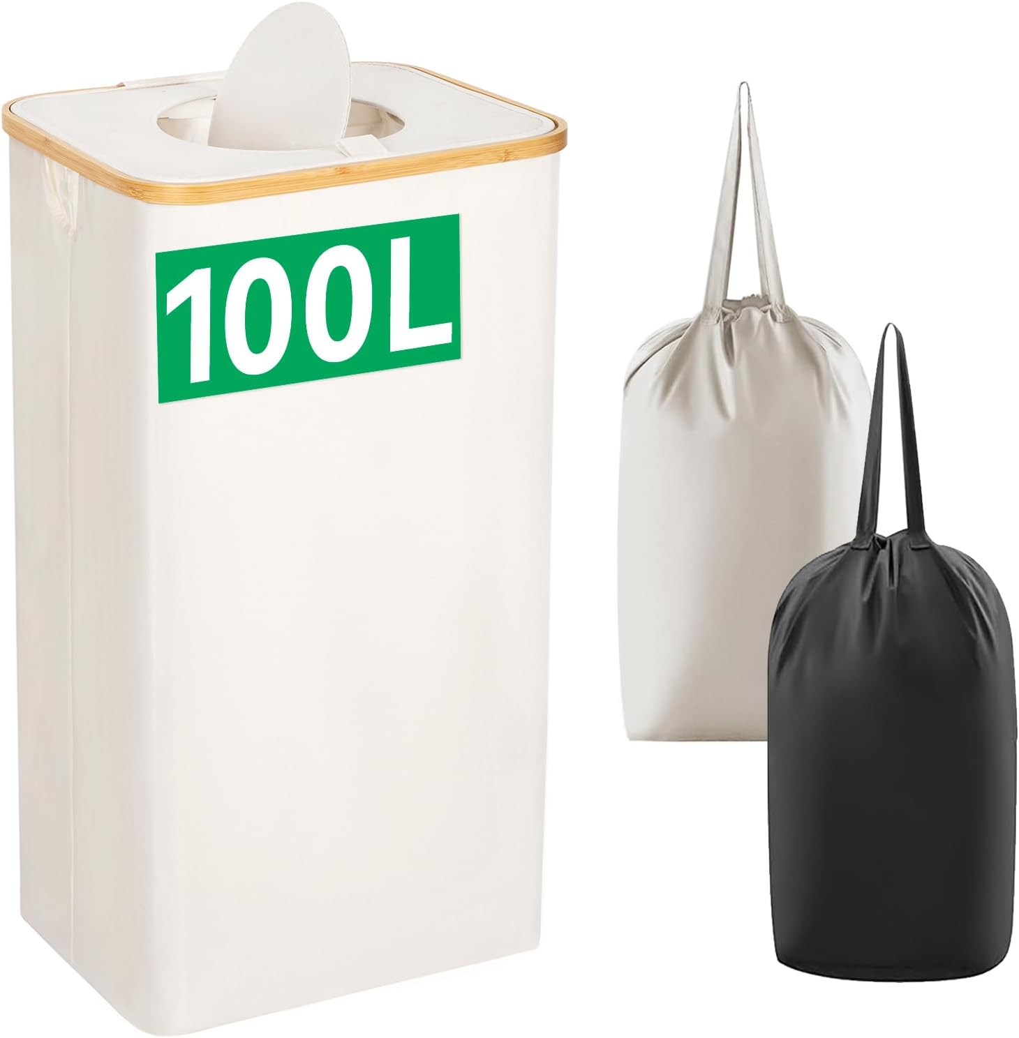 Chrislley 26 Gallon Recycling Bin for Kitchen, 100L Recycle Bin with 2 Removeable Reusable Liner Bag, Large Recycling Bin with Lid for Bottle Can Glass Waste Plastice Stickers(Beige)