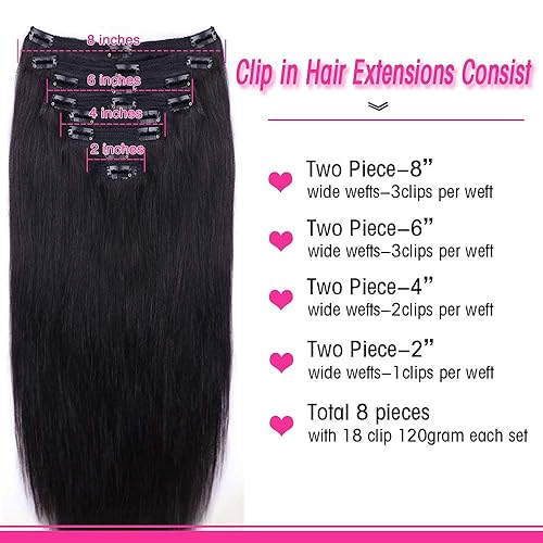 Miniatura 4 de Extensiones de cabello humano liso con clip para mujeres negras, 100% sin procesar, cabeza completa, cabello virgen brasileño color negro natural, 8