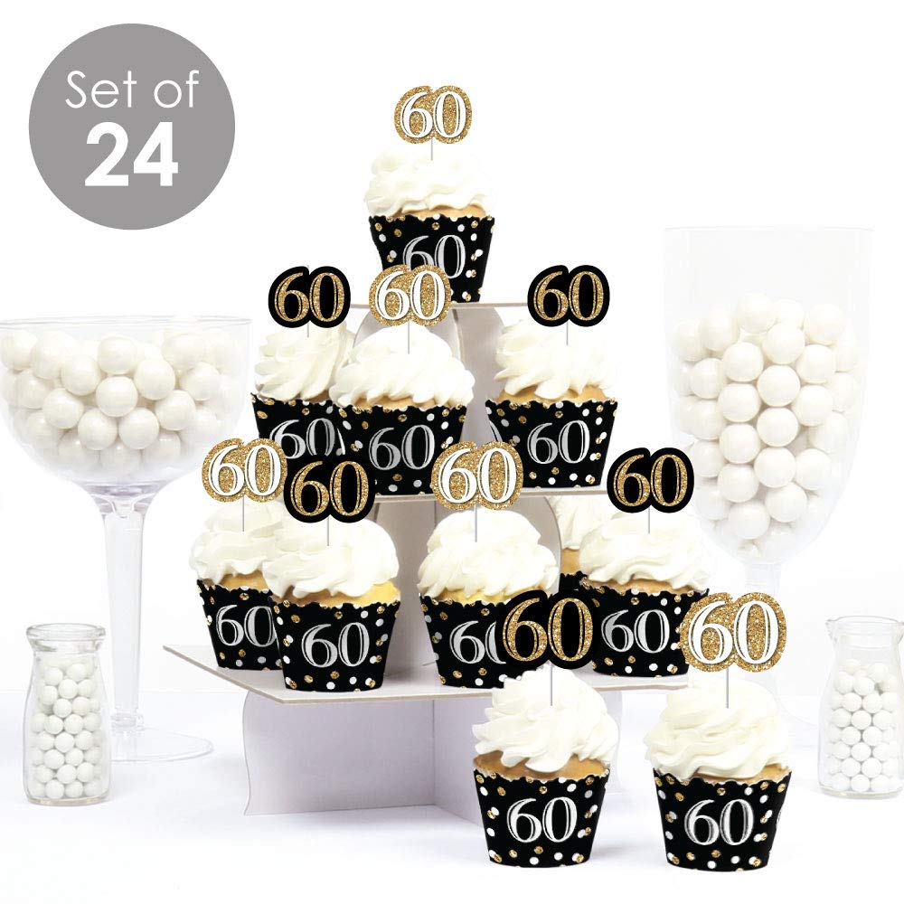 Big Dot of Happiness Adult 60th Birthday - Gold - Cupcake Decoration - Birthday Party Wrappers and Treat Picks Kit - Set of 24