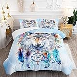 AILONEN Wolf Comforter Set - Queen Size, Native American Wolf Printed Duvet Set with 3 Pieces: 1 Quilt and 2 Pillowcases