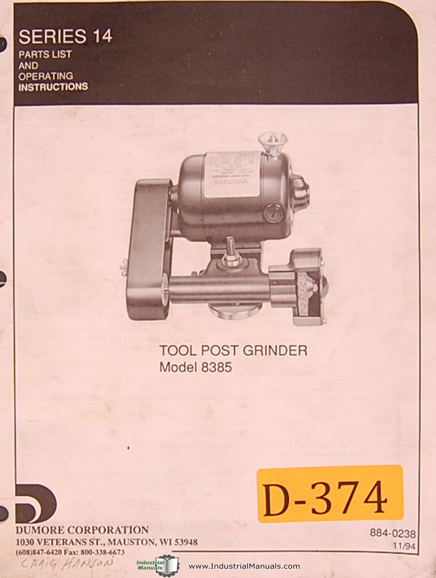 Dumore Series 14, 8385, Tool Post Grinder, Oeprations and parts Manual