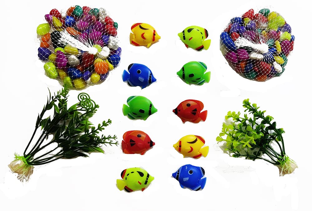 BITONA � 10 Piece Plastic Fish with 2 Plants Pot with 2 Bags of Marble Stones for Decorating Aquarium Tank (DIY kit) (B0BKX19S2C) Amazon Price History, Amazon Price Tracker