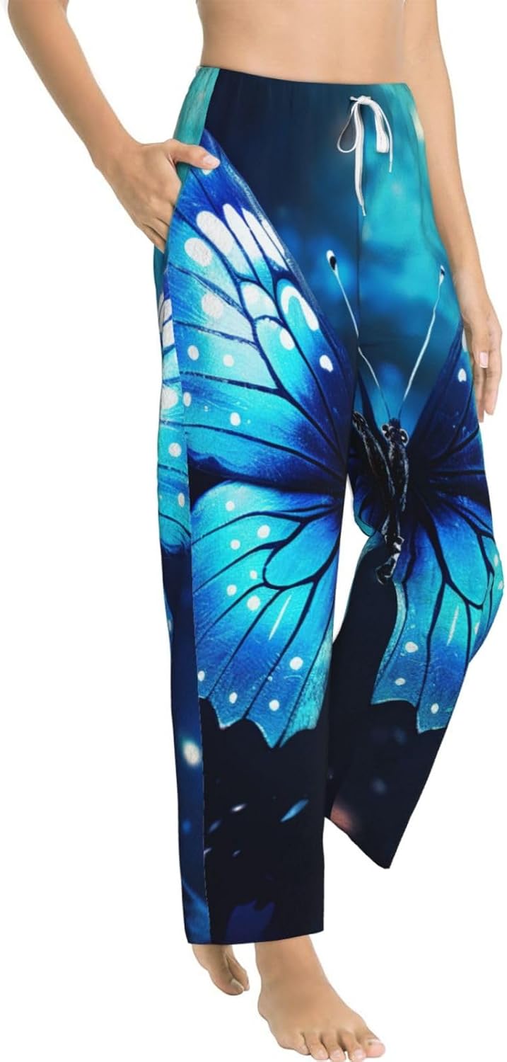 Blue Starry Butterfly Print Fashion Cozy Womens Flannel Pajama Pants,Perfect For Christmas And Everyday Wear
