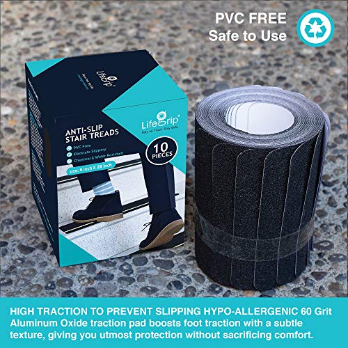Lifegrip Anti Slip Traction Treads (10-Pack), 6 Inch X 28 Inch, Best Grip Tape Grit Non Slip, Outdoor Non Skid Tape, High Traction Friction Abrasive Adhesive For Stairs Step, Black (6" X 28" X 10P) #TOP4