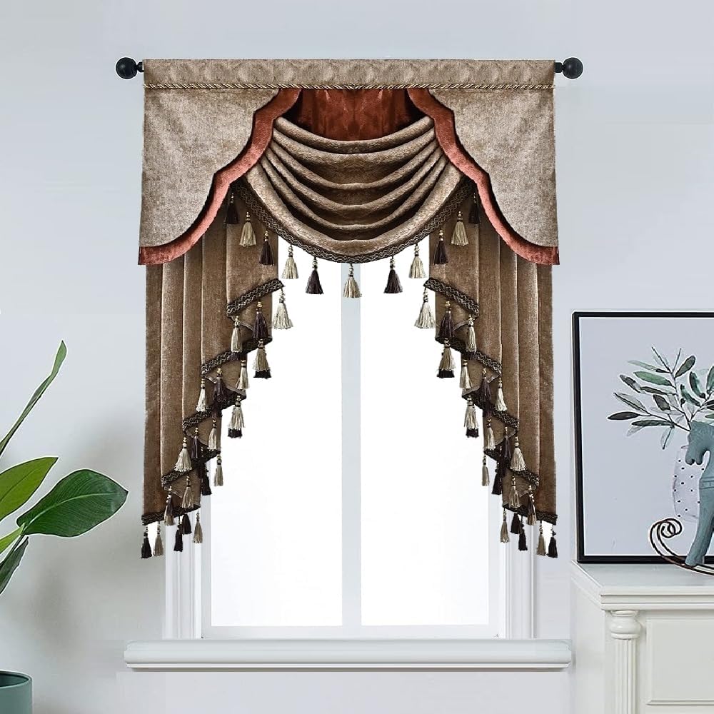 Luxury Brown and Coffee Valance Waterfall Swag with Tassels for Living Room Bedroom Windows European Design Rod Pocket Top (100 cm, 1 Panel)