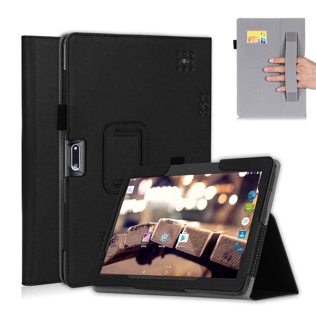 MYTHOLLOGY Compatible with BENEVE 10.1 Case, Premium PU Leather Tablet Case Stand Protective Shell with Hand Strap, Card Slots Flip Cover for BENEVE 10.1 inch - Black