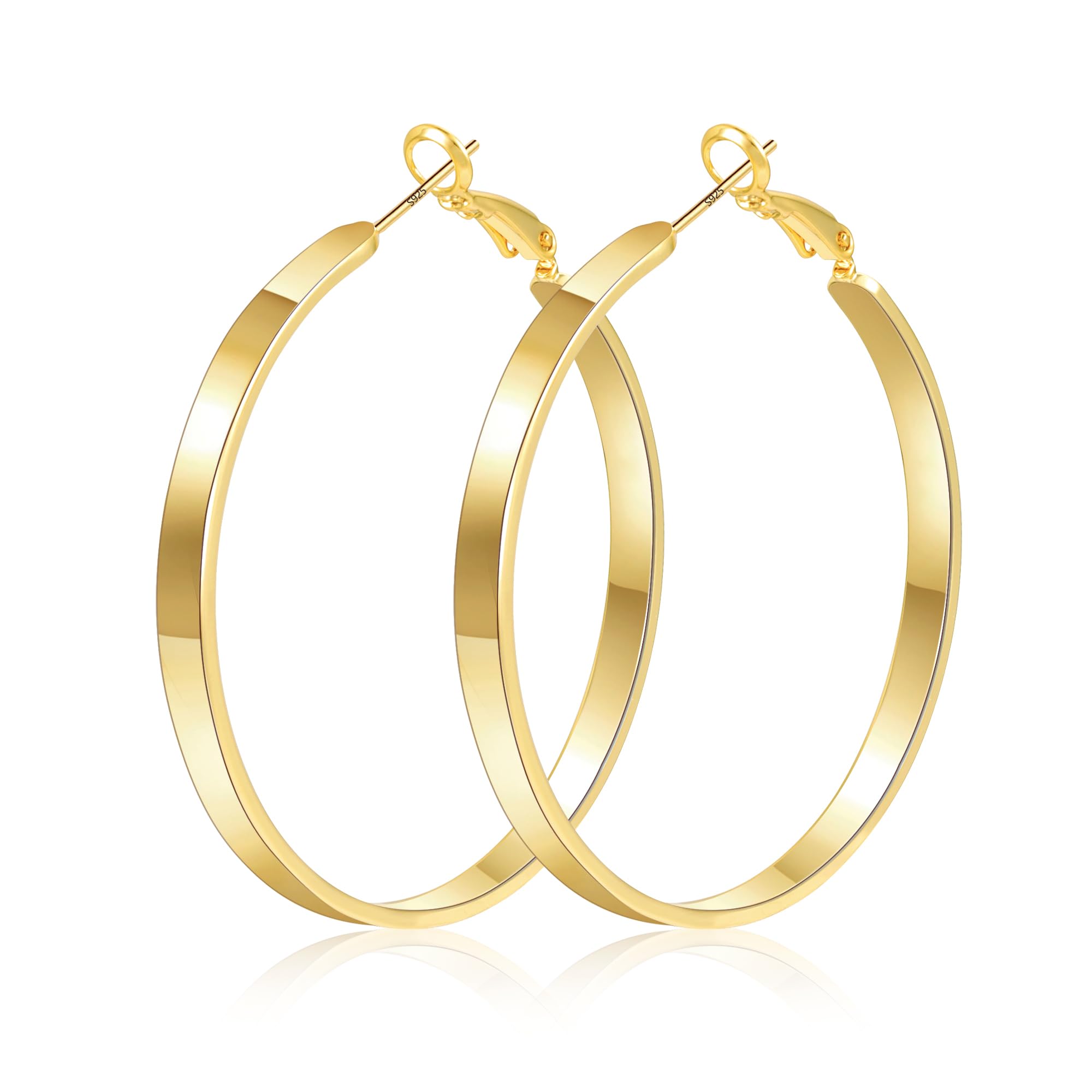 ALEXCRAFT Pendientes de aro grandes hipoalergénicos de plata de ley 925, pendientes de aro anchos y lisos para mujer, joyería ligera, regalo de 2.0 in