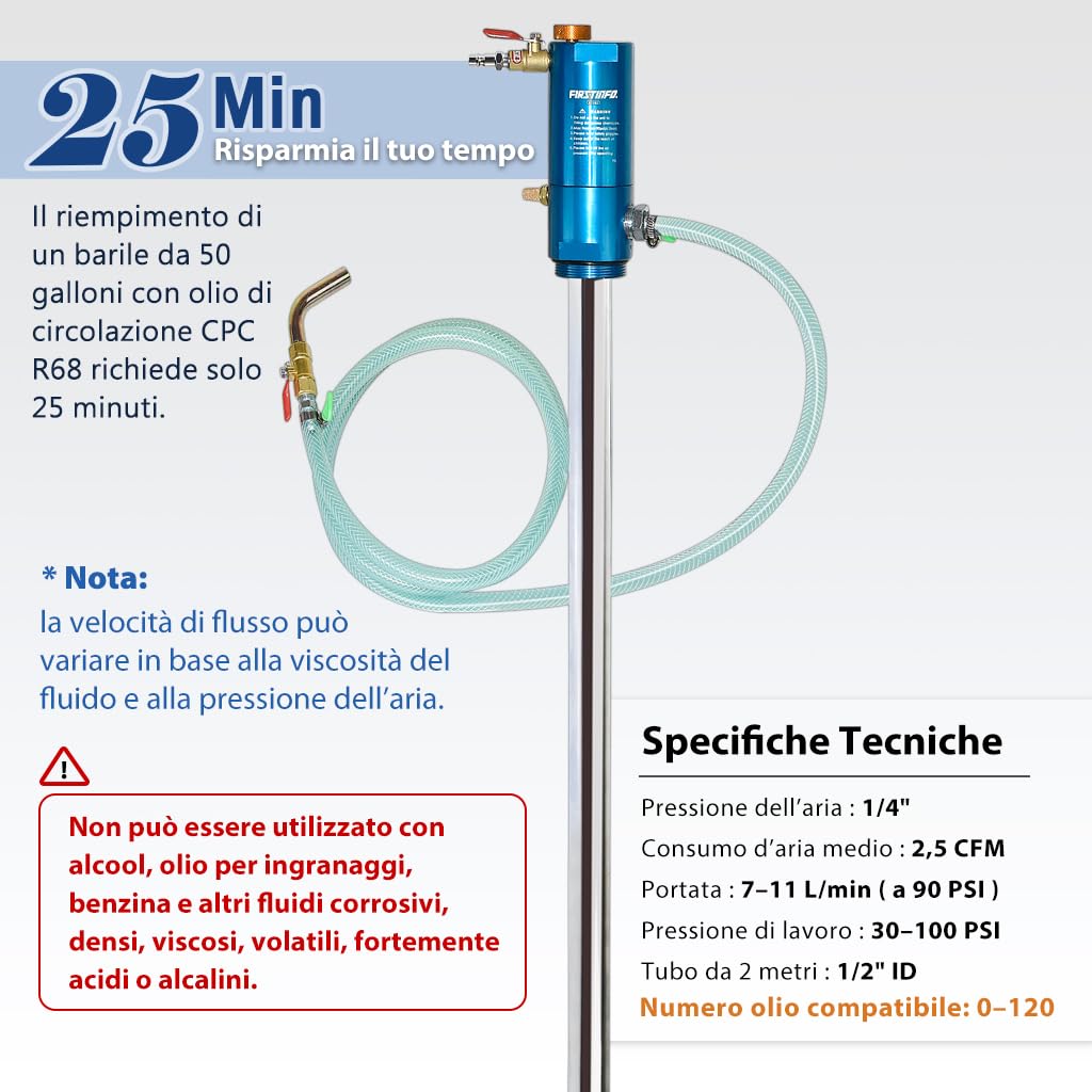 FIRSTINFO Pompa Pneumatica per Fusto 200L, Sistema 1:1 per Fluidi ad Alta Viscosità, Distributore per Serbatoi Aperti, Compatibile con Lubrificanti, Motore e Trasmissione, A1182EU