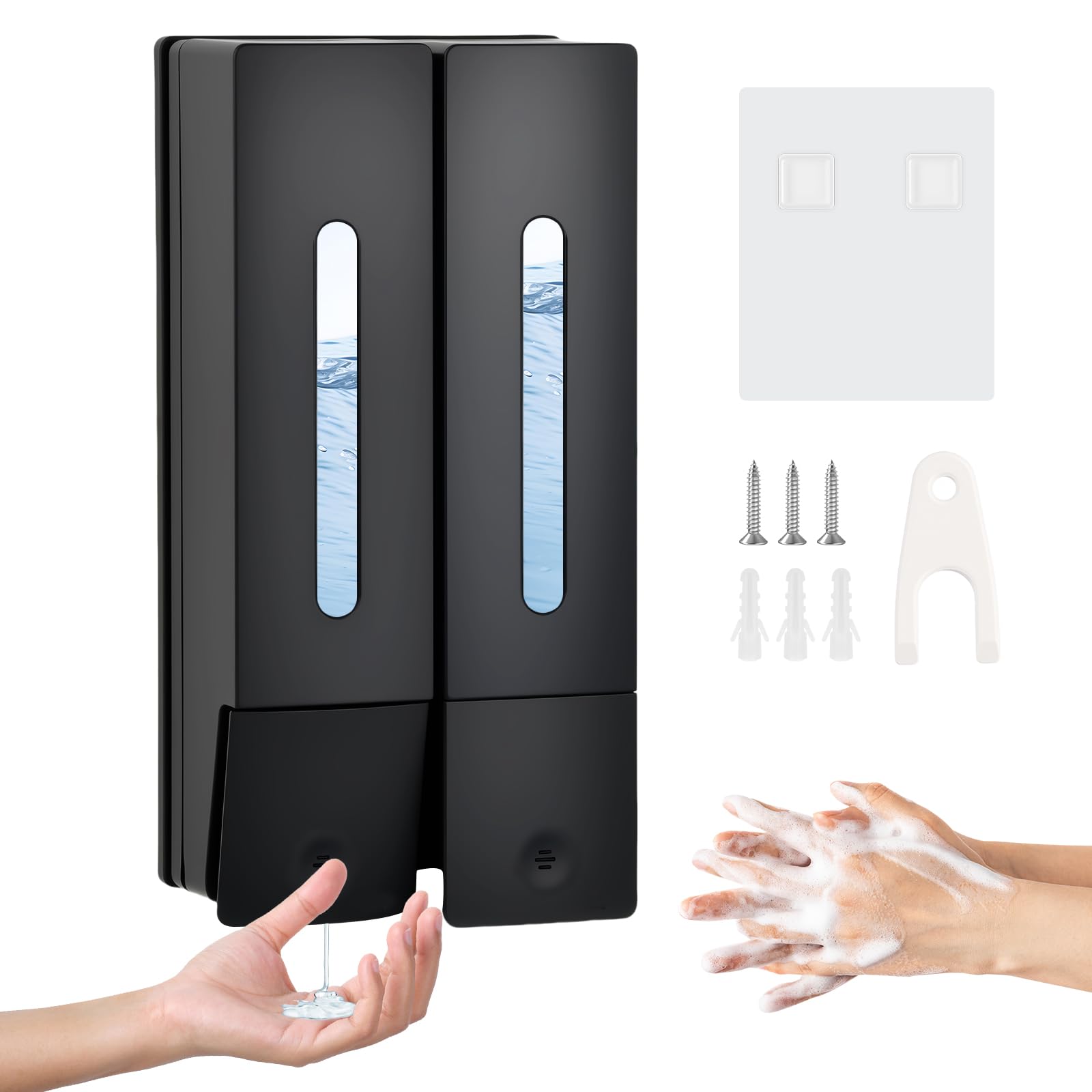 Dispenser Doccia Muro, Dosatore Sapone Bagno a Parete 400ML, Dispenser Shampoo e Bagnoschiuma Adesivo, Senza Foratura per Gel Doccia Cucine Bagni, Nero (2 Camere)