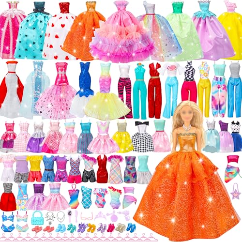 Azonee 60 Pcs Doll Clothes and Accessories Kit with Dresses Evening Gowns Fashion Dresses Casual Suits Swimsuits Hangers Shoes for 11-12 inch Doll Christmas Girls Gift Random Style