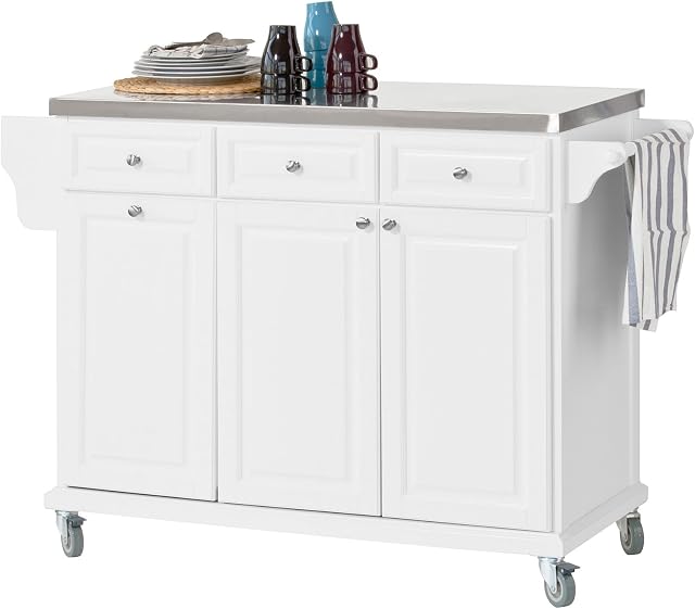 SoBuy® FKW33-W, Luxury Kitchen Trolley with Large Storage Cabinet, Kitchen Island with Stainless Steel Worktop, White