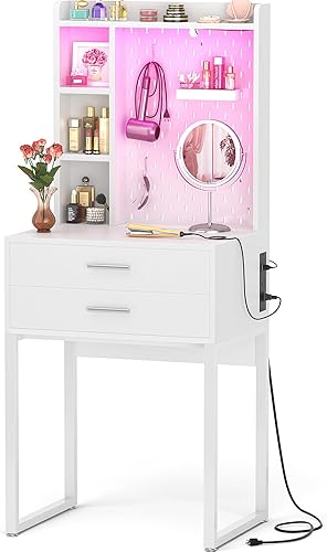 Miniatura 10 de Escritorio pequeño de tocador con aparador y cajones, escritorio de tocador de maquillaje negro con estación de carga, mesa de tocador con luces