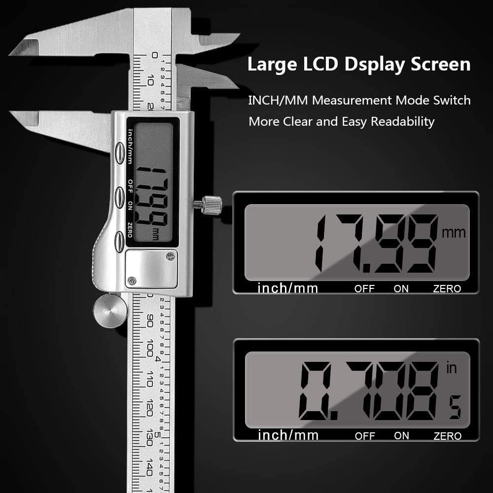 REEXBON Digital Caliper Electronic Micrometer Caliper Measuring Tool Stainless Steel Vernier Caliper 150mm/0-6 Inch with Extra-Large LCD Screen, Inch/Metric Conversion