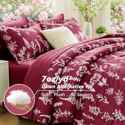 Image of MUXHOMO Burgundy Full Comforter Set, Elegant Floral Print Bed in a Bag 7 Pieces, Ultra Soft & Breathable Reversible Botanical Pattern Bedding Set with Comforter, Sheets, Pillowcases, and Shams