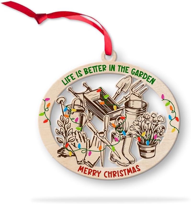 Gardening Christmas Ornament 2025, Garden Tools Wheelbarrow Shovel Flower Pot Ornament, Horticulture Themed Wooden Ornaments, Gardening Gifts for Flower Plants Lover, Girls, Women, Gardener Keepsake