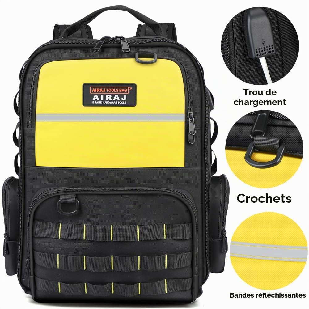 AIRAJ Sac à Dos Outils 46x40x18 cm - Sac à dos pour outils avec 23 Pochettes, Ouverture Totale pour Électriciens et Travaux de Construction (Double étui pour pièces inclus)