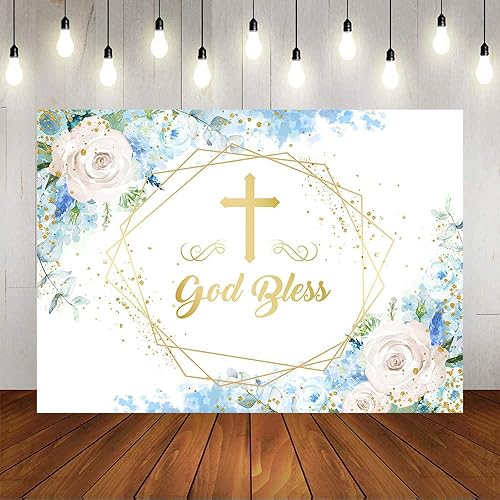 Miniatura 2 de Telón de fondo de fiesta de bautismo con texto en inglés "God Bless Bautizo", decoración floral azul para fiesta de baby shower, accesorios de