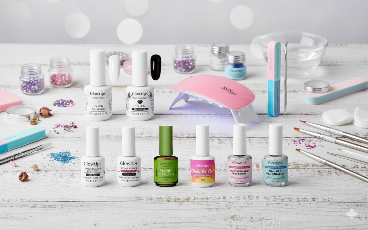 Glowtips Nail Dehydrator and Primer with Gel Base & Top Coat Set, & Cuticle Oil Acid Free Acrylic Nail Supplies Primer Glossy Gel Nail Polish Top Coat Starter Kit (MACHINES SE SIKHENGI)(UV LAMP REQUIRED) 15ML X 5 3