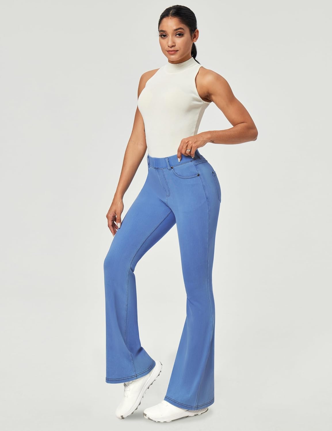 Heathyoga Flare Jeans for Women Trendy Stretchy Bell Bottom Jeans for Women Pull on Jeggings Tummy Control with Pockets