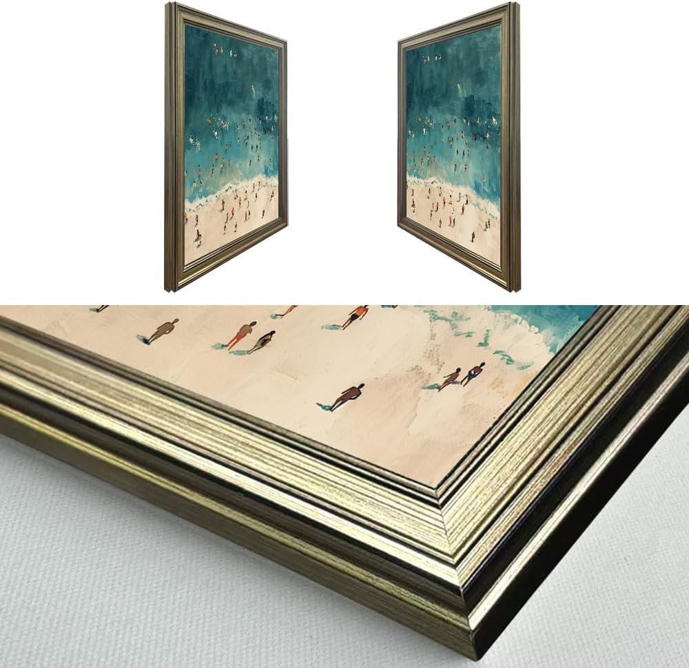 Vintage Framed Beach Wall Art Tiny People Swimming in Blue Ocean Canvas Print Summer Wall Decor Minimalist Seascape Oil Painting for Home Office Decor