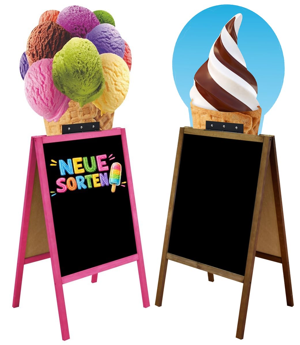 Dwustronny potykacz reklamowy 171 x 74 cm, tablica kredowa z różową lub brązową ramą i motywem lodów (Różowy, Kolorowe lody)