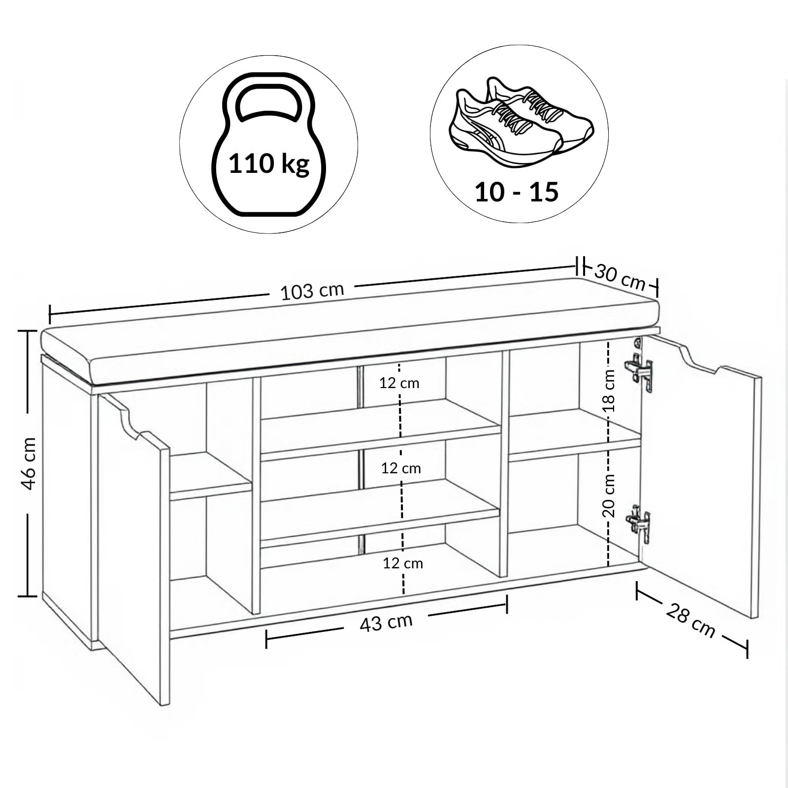 Schuhschrank mit Sitzbank 103 x 30 x 46 cm MDF Polyester Polsterung Flurbank Stauraum hellgrau