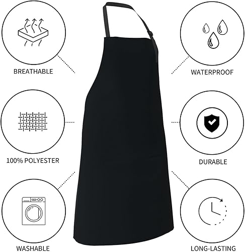 Miniatura 5 de Delantal impermeable con 2 bolsillos, delantales de chef de cocina, baberos para cocinar, hornear, pintura, jardinería, aseo