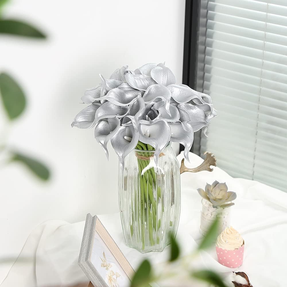 IPOPU Silver Calla Lily Artificial Flowers, 24pcs for DIY Wedding Bouquets, Centerpieces, Bridal Shower, Party, Home Flower Arrangement Decorations