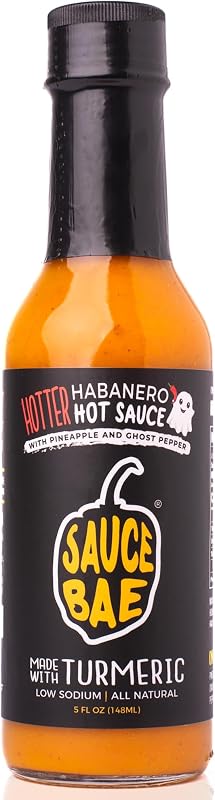 Sauce Bae Hotter Habanero All-Natural Hot Sauce, 5 fl oz - Hint of Sweetness with More Heat - Made of Pineapple, Turmeric & Ghost Pepper - No Added Sugars or Artificial Ingredients