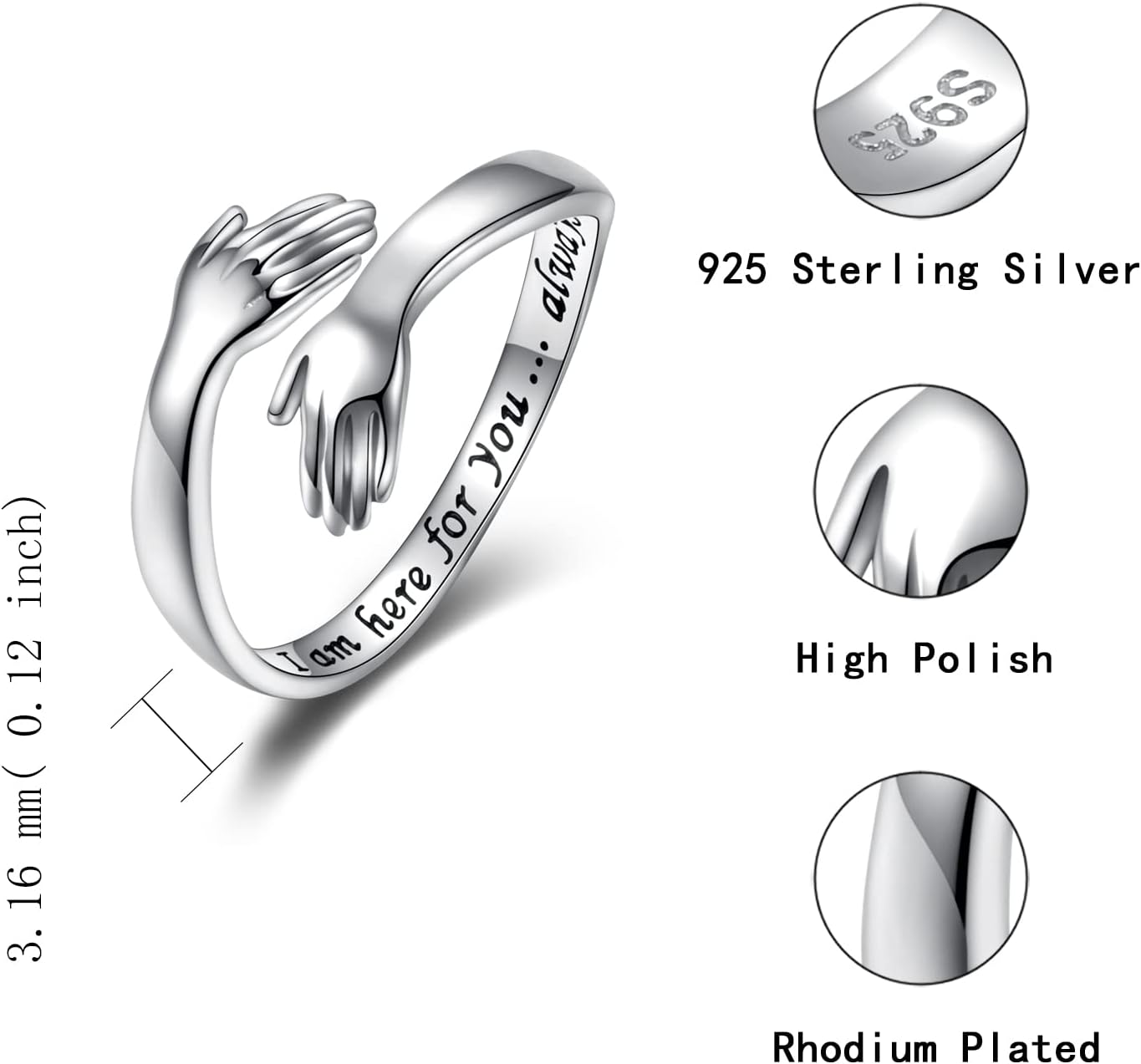 Sterling Silver Hug Ring for Women: Hugging Hands Adjustable Ring Support Jewelry Gifts - Image 6